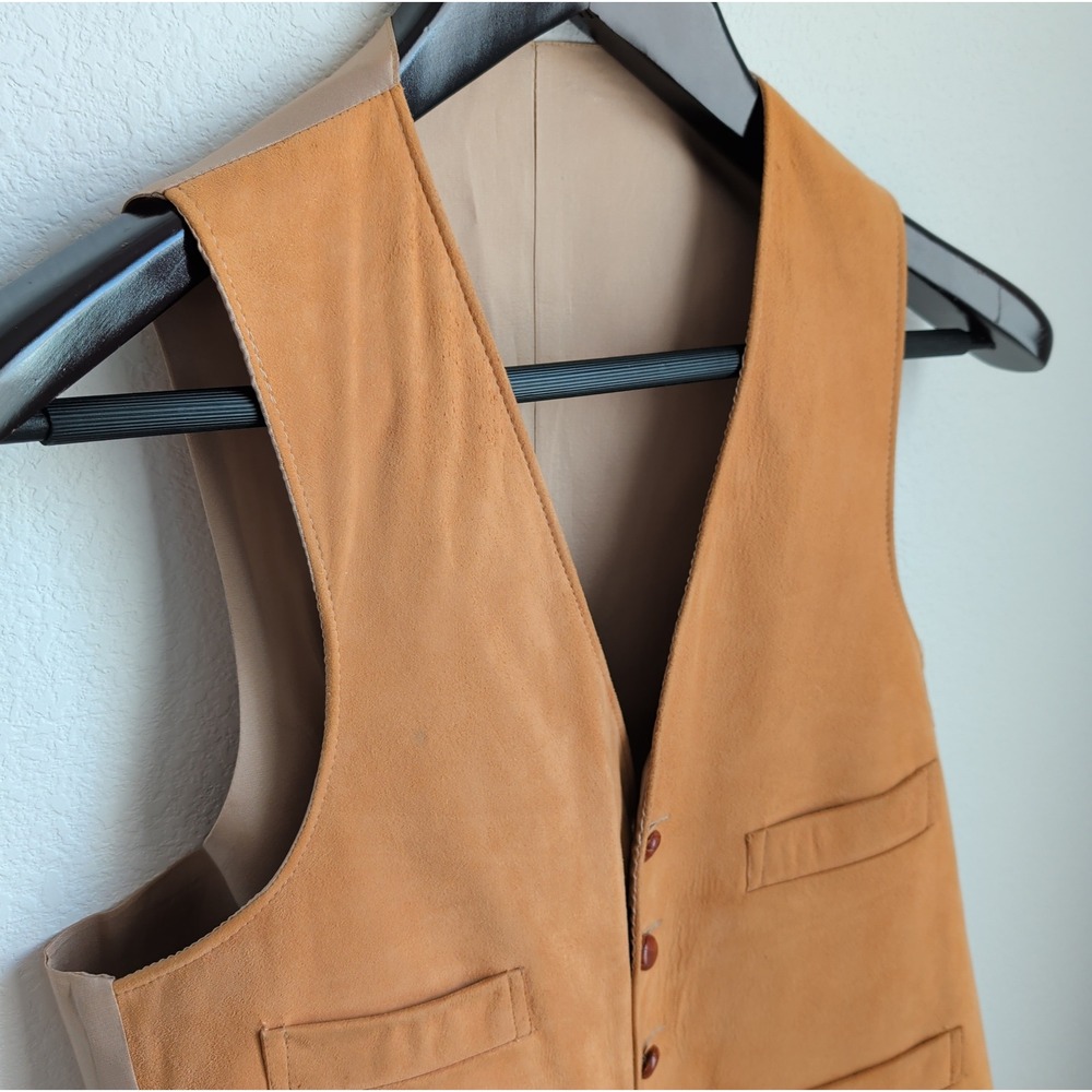 Gimbels Vintage Suede Waistcoat Vest Tan Leather Satin Western Mens 39R NWT 70s
